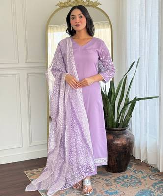 Lavender color smart and festive readymade rayon fabic kurta set 3
