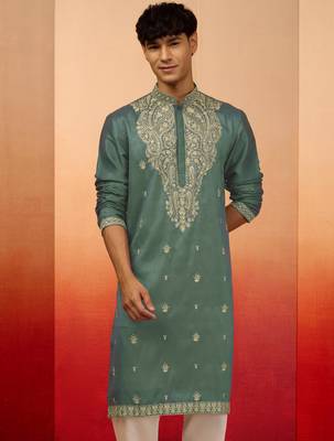 mint green resham embroidered silk kurta - premium festive 3