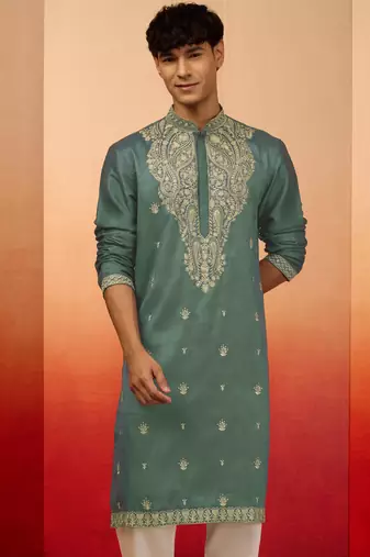 mint green resham embroidered silk kurta - premium festive