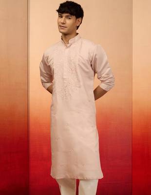 peach embroidered silk kurta - festive traditional wear 1