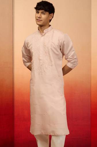 Vastramay men's peach embroidered silk kurta - festive traditional wear