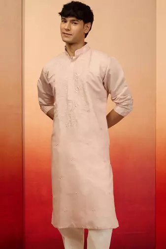 Vastramay men's peach embroidered silk kurta - festive traditional wear