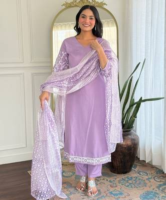 Lavender color smart and festive readymade rayon fabic kurta set 4