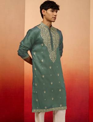 mint green resham embroidered silk kurta - premium festive 4