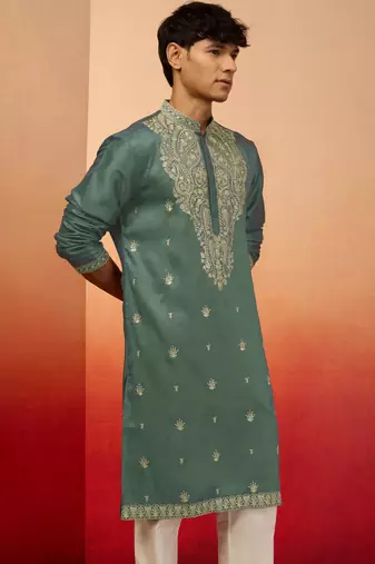 mint green resham embroidered silk kurta - premium festive