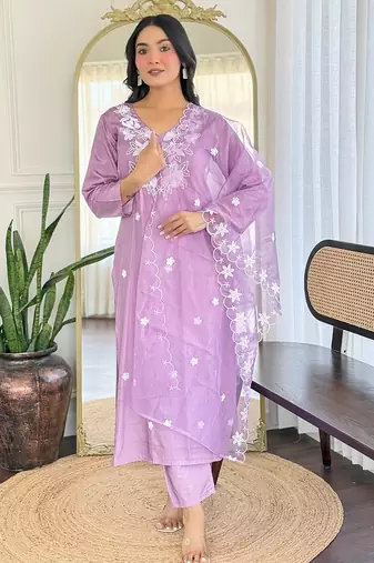 Lavender color smart and festive readymade rayon fabic kurta set