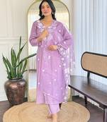 Lavender color smart and festive readymade rayon fabic kurta set
