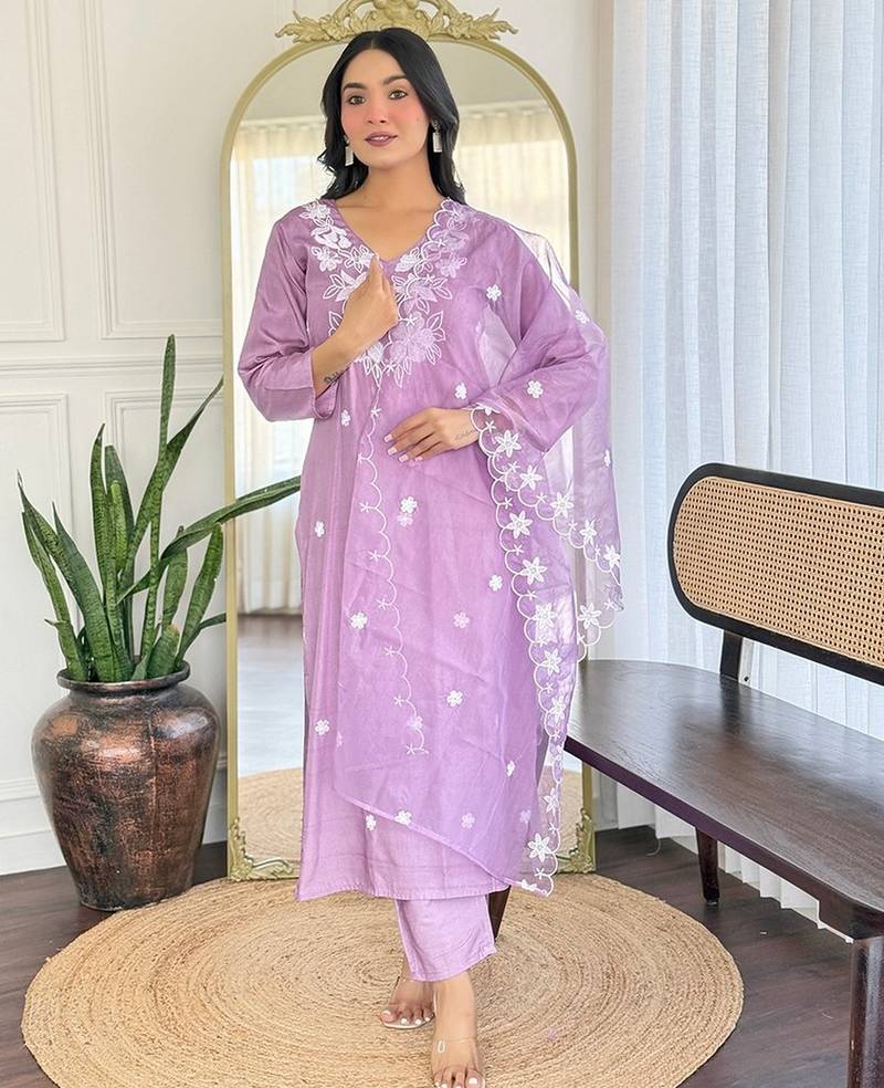Lavender color smart and festive readymade rayon fabic kurta set