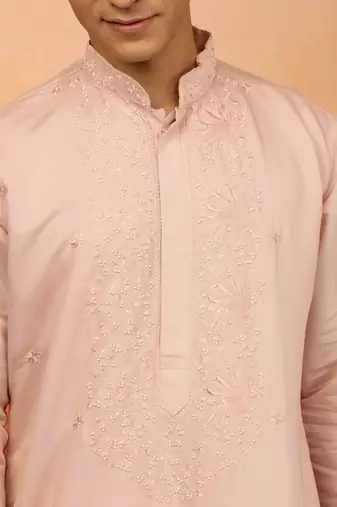 peach embroidered silk kurta - festive traditional wear