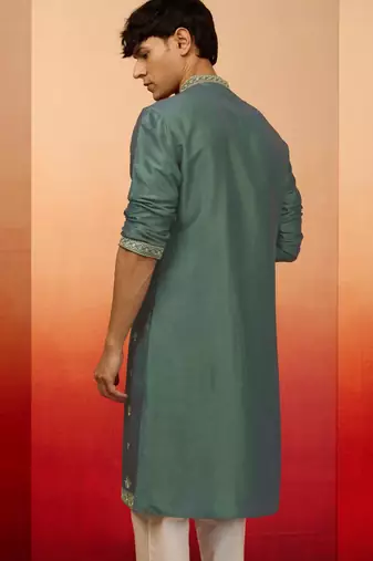 mint green resham embroidered silk kurta - premium festive