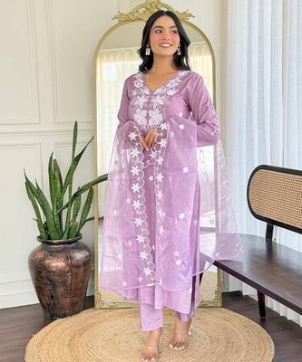 Lavender color smart and festive readymade rayon fabic kurta set 3