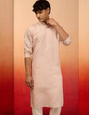 peach embroidered silk kurta - festive traditional wear 3