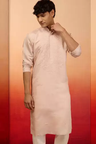 peach embroidered silk kurta - festive traditional wear