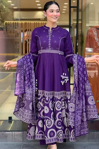 Purple color smart and festive readymade muslin cotton fabic kurta set