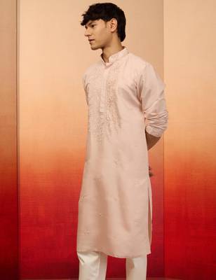 peach embroidered silk kurta - festive traditional wear 4