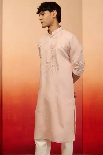 peach embroidered silk kurta - festive traditional wear
