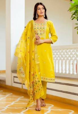 Yellow color viscosee shimmer fabric ethnic kurta set with embroidery work and printed 1