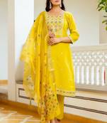 Yellow color viscose shimmer fabric ethnic kurta set with embroidery work and printed