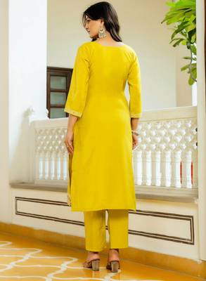 Yellow color viscosee shimmer fabric ethnic kurta set with embroidery work and printed 2