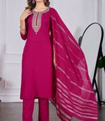 Pink color rayon slub fabric ethnic kurta set with embroidery work with woven