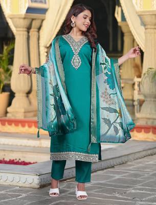 Rama color viscosee chanderi kurta set with embroidery with printed 1