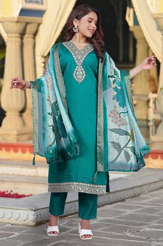 Rama color viscose chanderi fabric ethnic kurta set with embroidery work with printed