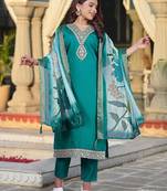 Rama color viscose chanderi fabric ethnic kurta set with embroidery work with printed