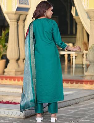 Rama color viscosee chanderi kurta set with embroidery with printed 2