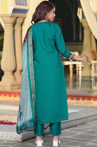 Rama color viscosee chanderi kurta set with embroidery with printed