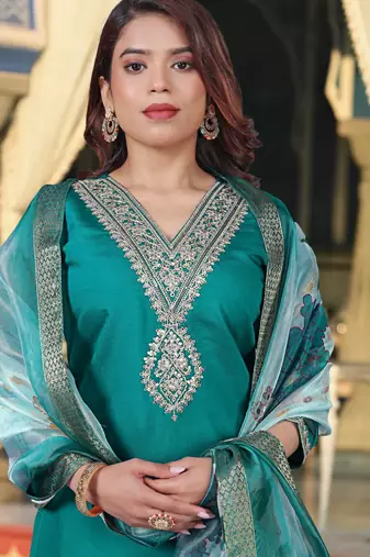 Rama color viscosee chanderi kurta set with embroidery with printed