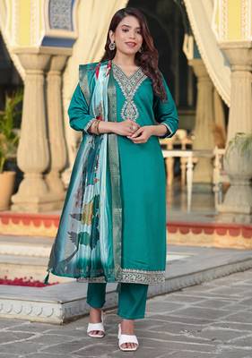 Rama color viscosee chanderi kurta set with embroidery with printed 4
