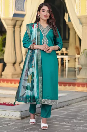 Rama color viscosee chanderi kurta set with embroidery with printed