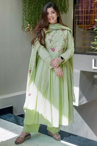 Pista color chanderi silk fabric ethnic kurta set with embroidery work