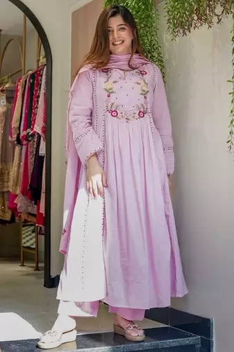 Purple color chanderi silk fabric ethnic kurta set with embroidery work