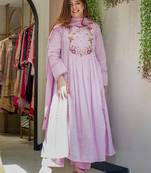 Purple color chanderi silk fabric ethnic kurta set with embroidery work