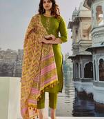 Mahendi color muslin cotton fabric ethnic kurta set with embroidery work with printed