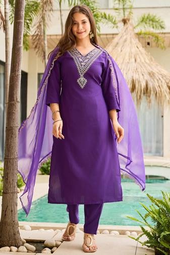 Violet color ceremonial wear rayon slub fabric readymade kurta set