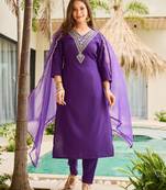 Violet color ceremonial wear rayon slub fabric readymade kurta set