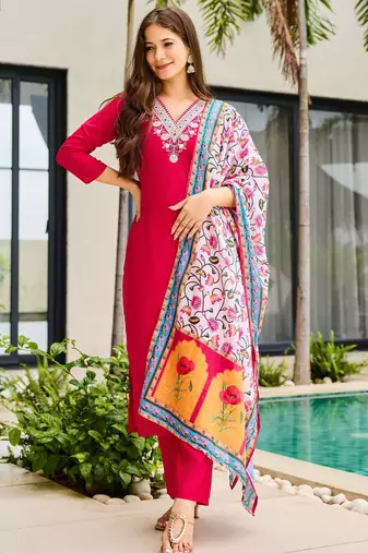 Pink color ceremonial wear rayon fabric readymade kurta set