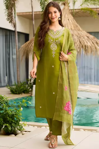 Mahendi color ceremonial wear viscose fabric readymade kurta set