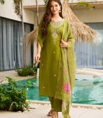 Mahendi color ceremonial wear viscose fabric readymade kurta set