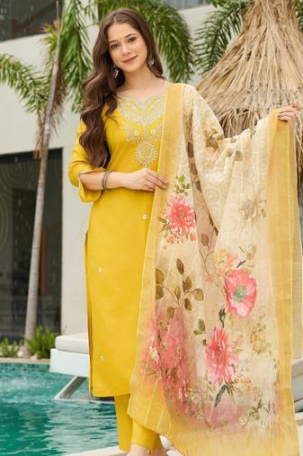 Mustard color ceremonial wear viscose fabric readymade kurta set