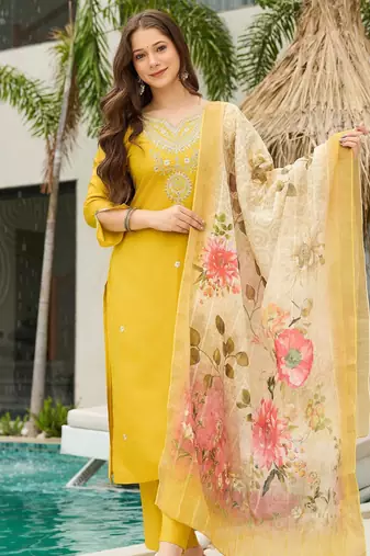 Mustard color ceremonial wear viscose fabric readymade kurta set