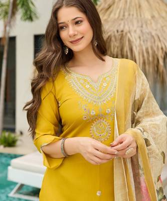 Mustard color ceremonial wear viscosee readymade kurta set 3