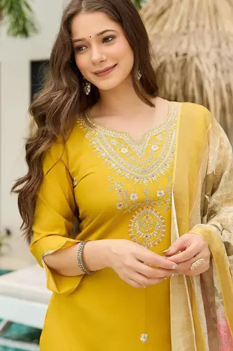 Mustard color ceremonial wear viscosee readymade kurta set