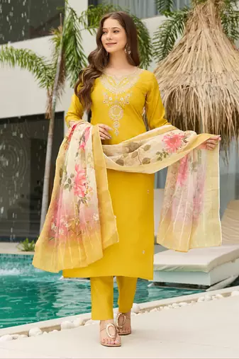 Mustard color ceremonial wear viscosee readymade kurta set