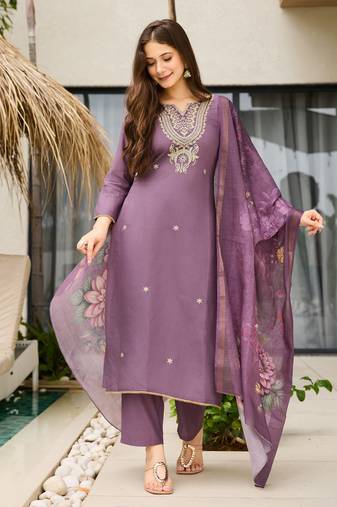 Purple color ceremonial wear viscose fabric readymade kurta set