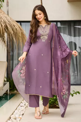 Purple color ceremonial wear viscose fabric readymade kurta set