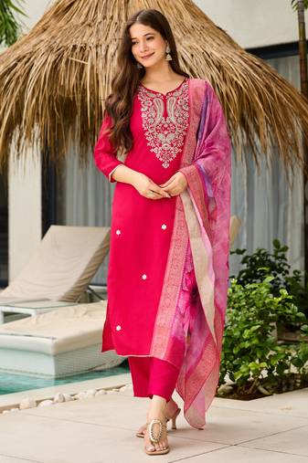 Pink color ceremonial wear viscose fabric readymade kurta set