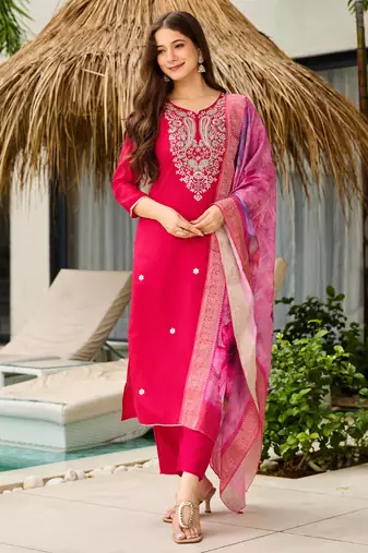 Pink color ceremonial wear viscose fabric readymade kurta set